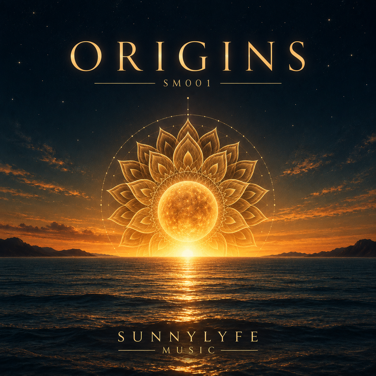 Origins, SM001 cover art: a golden sun mandala rising over the sea at sunset, with the SUNNYLYFE Music wordmark